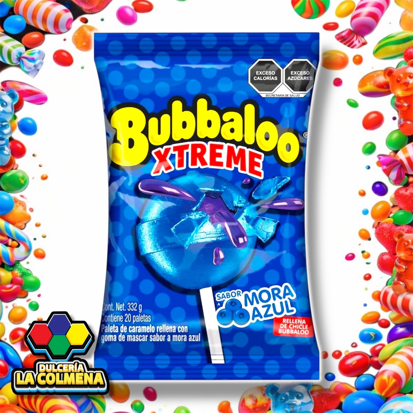 Paleta Bubbaloo Xtreme Mora Azul 20 piezas